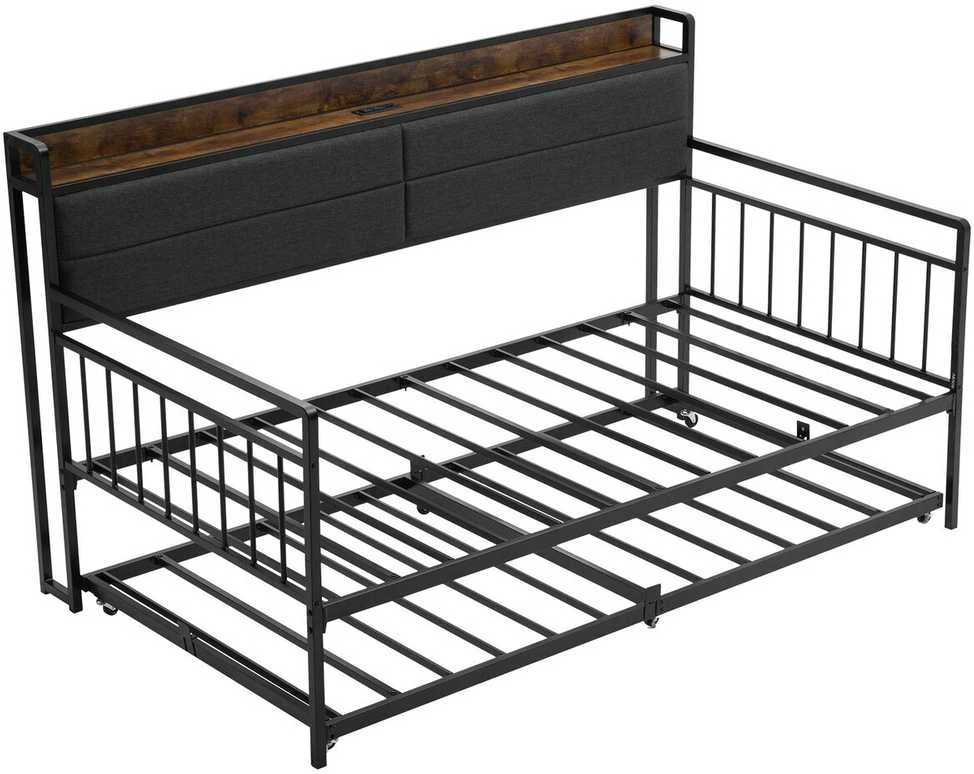 VEVOR Dvigulė metalinė sofa-lova su ištraukiama lova, USB ir daiktadėže, juoda. Sofa lova, dvivietė lova, svečių lova