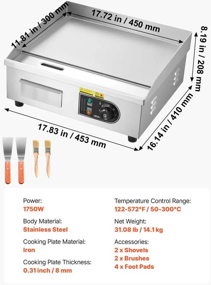 VEVOR Elektrinė kepimo plokštė, 2800 W, lygi paviršiaus keptuvė, komercinė