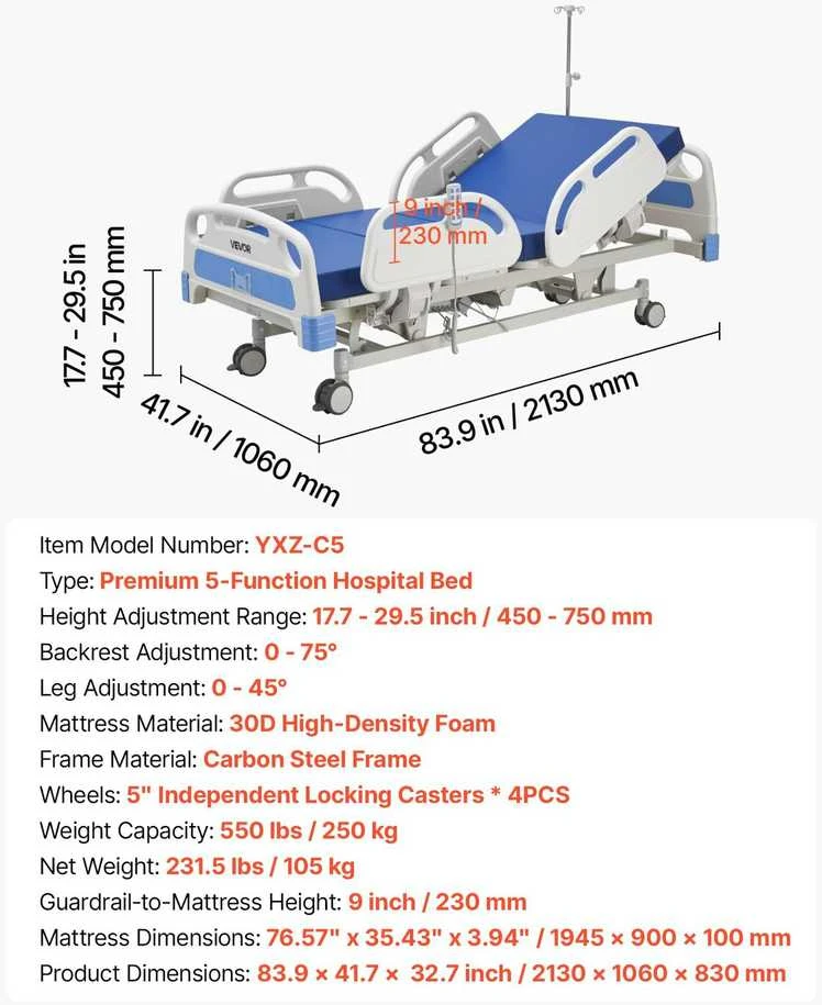 VEVOR Elektrinė ligoninės lova su 5 funkcijomis