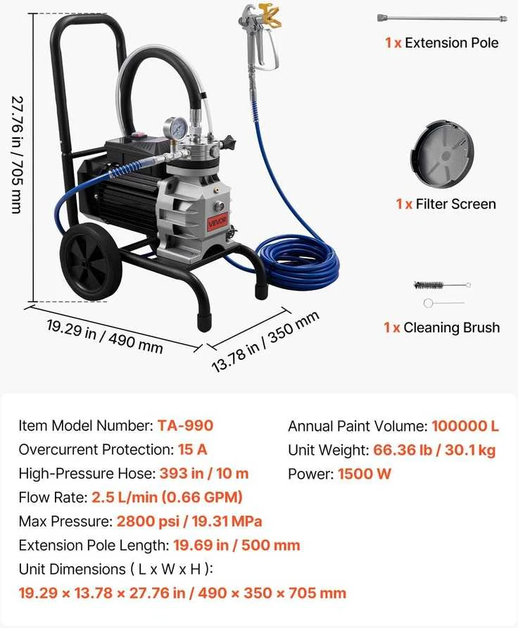 VEVOR Elektrinis beoris dažų purkštuvas 1500 W, 2800 psi