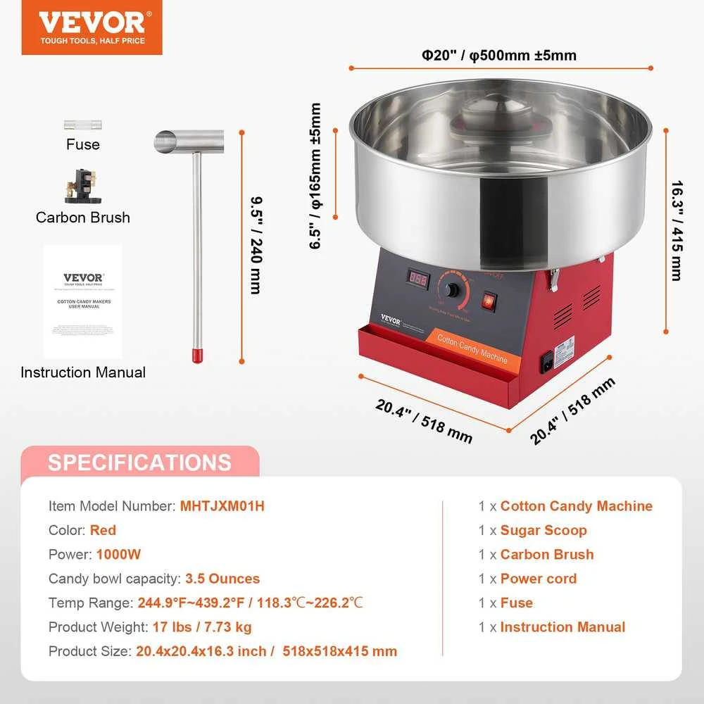 VEVOR Elektrinis cukraus vatos aparatas, 1000W, komercinis, su dubeniu