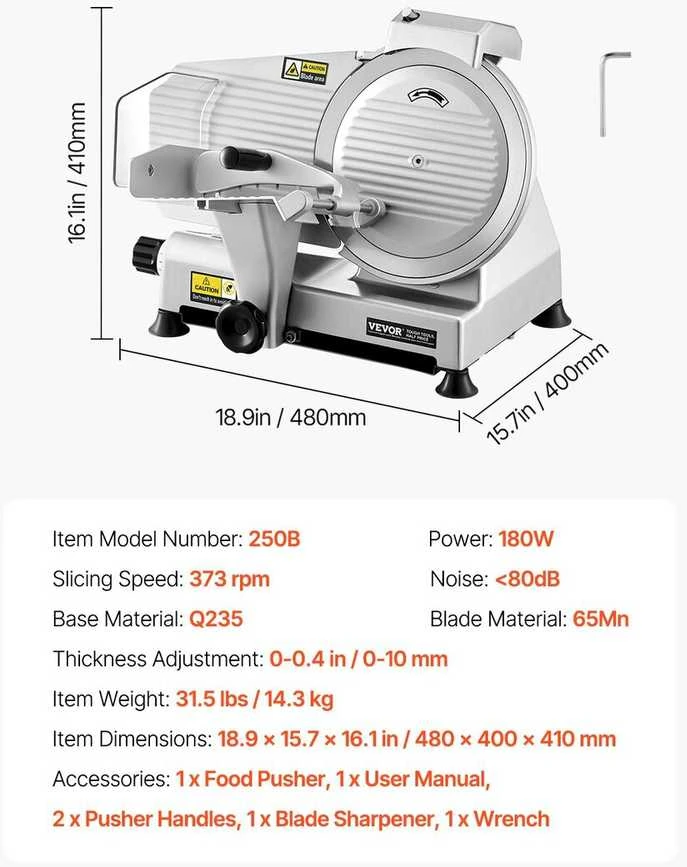 Vevor Elektrinis maisto pjaustiklis 180W 25cm mėsai duonai sūriui