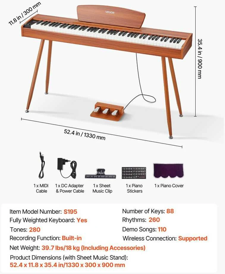 VEVOR Elektrinis pianinas 88 klavišų, medinis korpusas