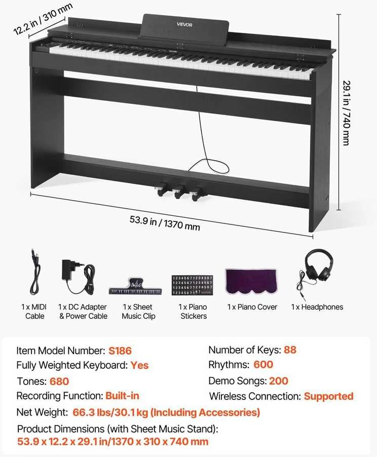 VEVOR Elektrinis pianinas su 88 klavišais ir stovu