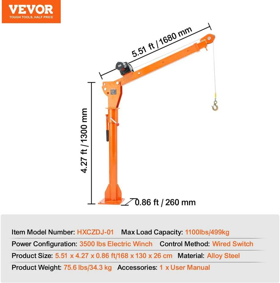 VEVOR Elektrinis sunkvežimio kranas 360° 499 kg keliamas
