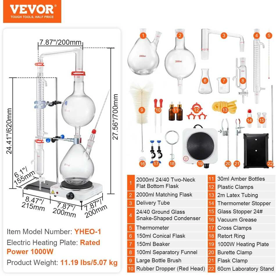 Vevor Eterinio aliejaus distiliavimo rinkinys, 2000 ml