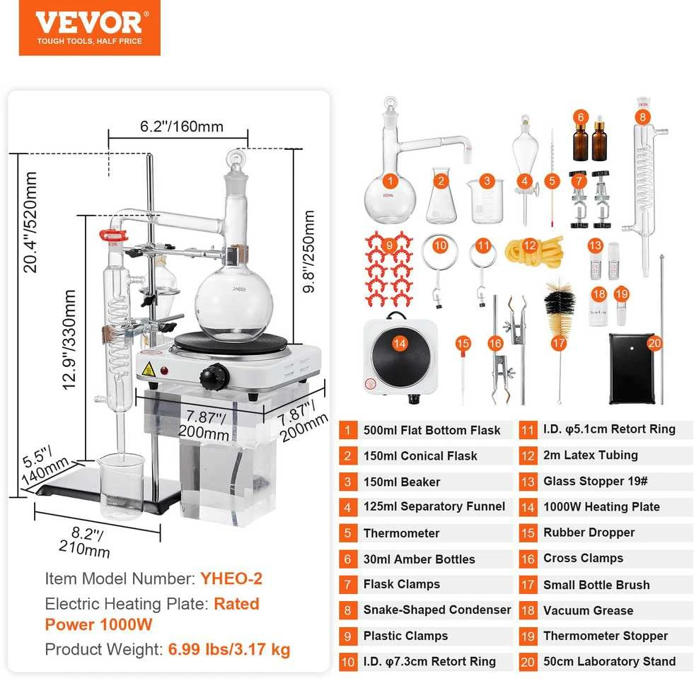 VEVOR Eterinių aliejų distiliavimo rinkinys 500 ml