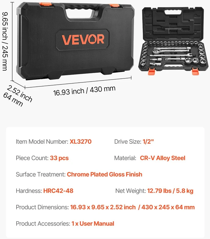 VEVOR Galvučių rinkinys 33 vnt. 12,7 mm