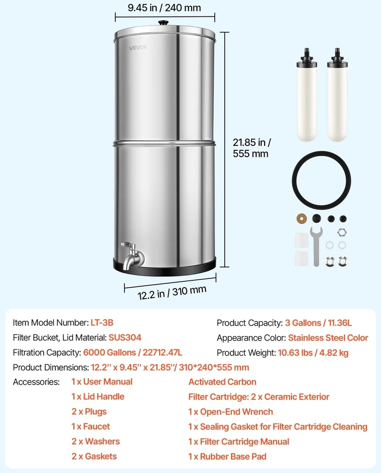 VEVOR Gravitacinė vandens filtravimo sistema 11,36 l