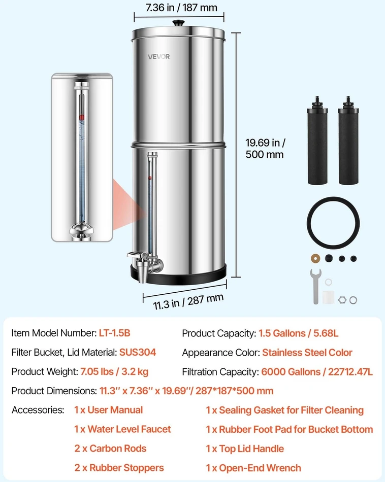 VEVOR Gravitacinė vandens filtravimo sistema 5,68 l