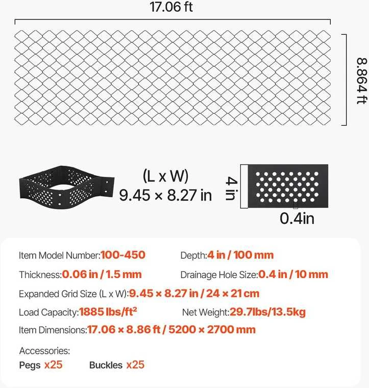 Vevor Grunto tinklelis žvyro sulaikymui 100 mm gylio