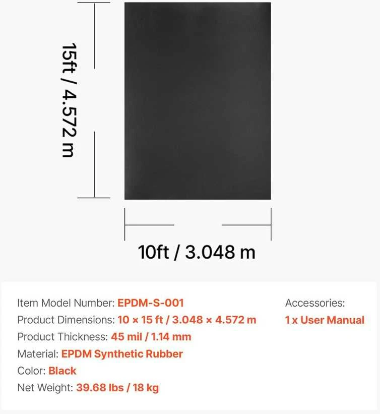 VEVOR Guminė stogo danga, 3 x 4.5 m EPDM
