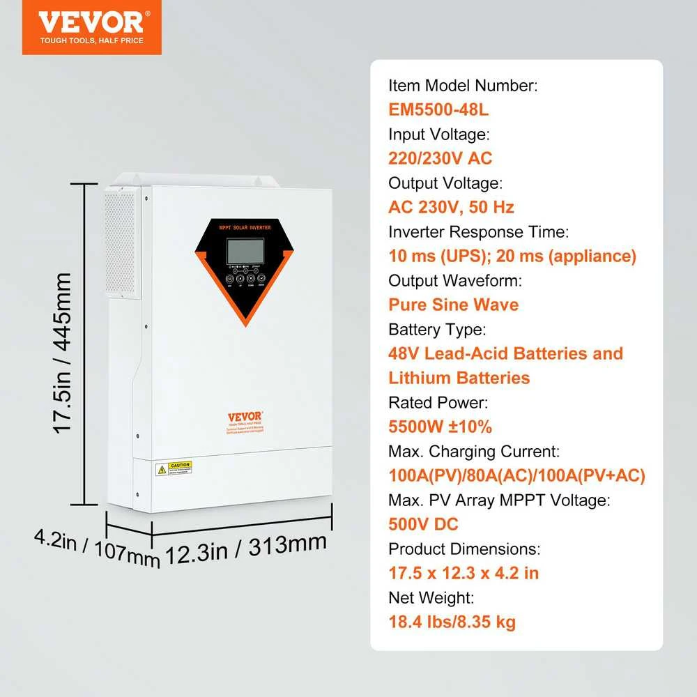 VEVOR Hibridinis saulės inverteris kroviklis 5500W 230V su 100A MPPT