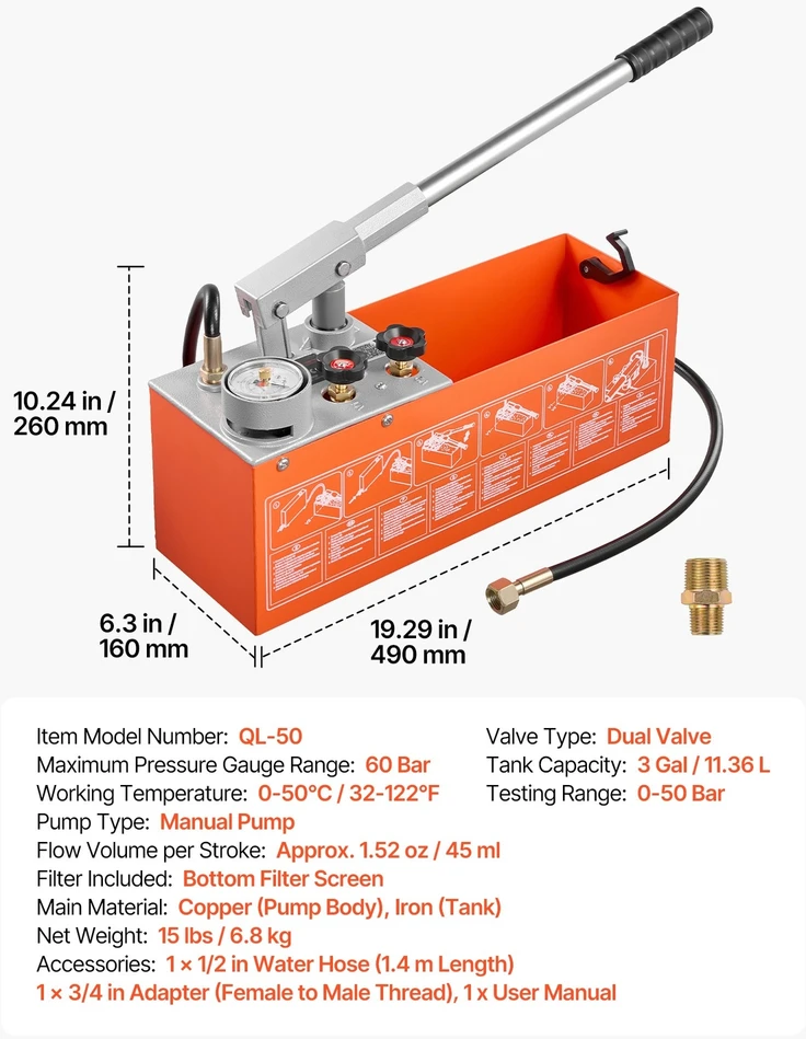 VEVOR Hidrostatinis bandymo siurblys 11,36 l