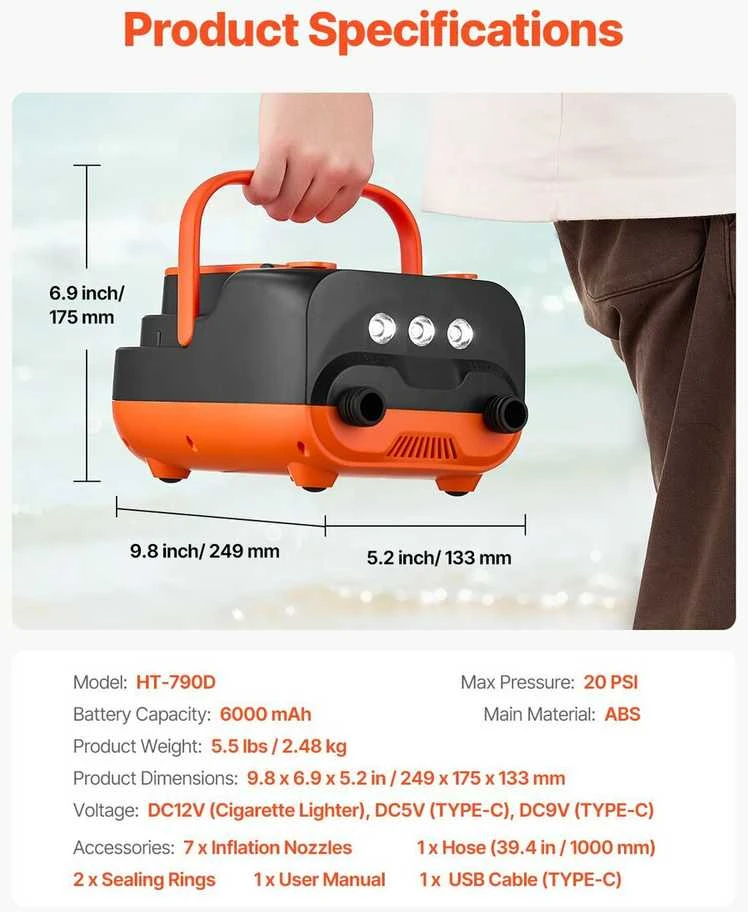 VEVOR Įkraunamas ir nešiojamas pompa su 20 PSI ir LED