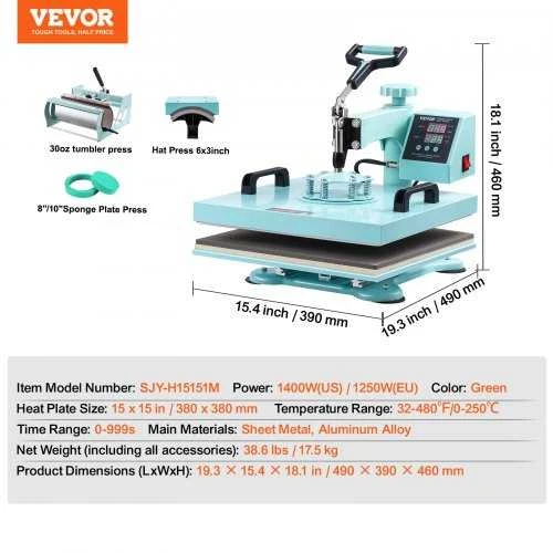 Vevor Šilumos presas 38x38 cm 5in1 su 30oz presu žalios spalvos