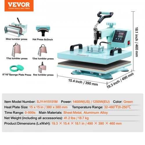 VEVOR Šilumos presas 38x38 cm 8 viename su puodelių presu