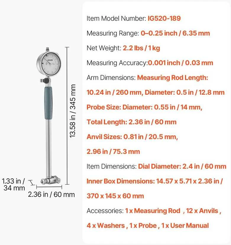 VEVOR Indikatorius ir matuoklis su 0.03 mm tikslumu