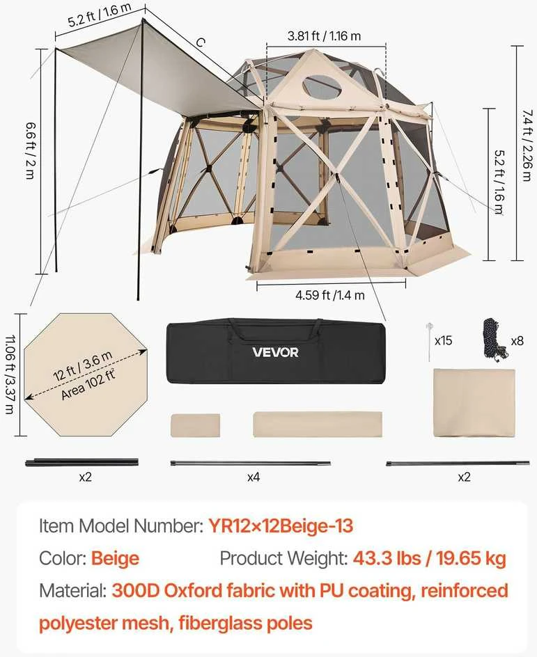 VEVOR Išskleidžiama pavėsinė 3.6x3.6 m, sferinė