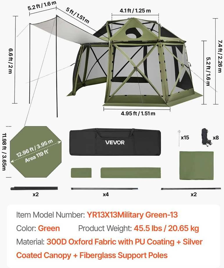 VEVOR Išskleidžiama pavėsinė su tinkleliu, 3.96 x 3.96 m, 13 kampų