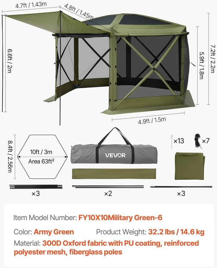 VEVOR Išskleidžiama pavėsinė su tinkleliu, 3x3 m