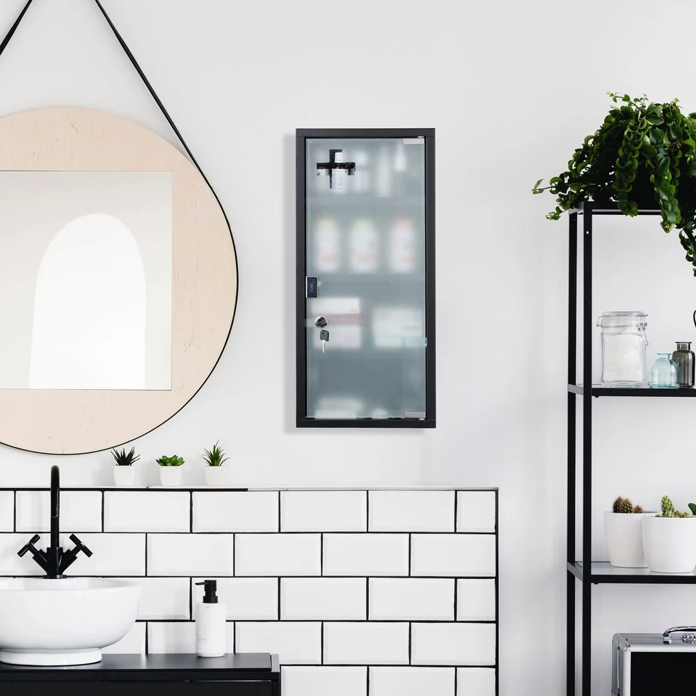 Relaxdays Juoda vaistinėlės spintelė su stiklinėmis durelėmis