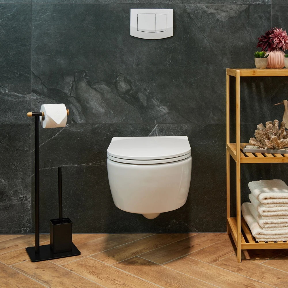 Relaxdays Juodas bambuko ir nerūdijančio plieno WC rinkinys