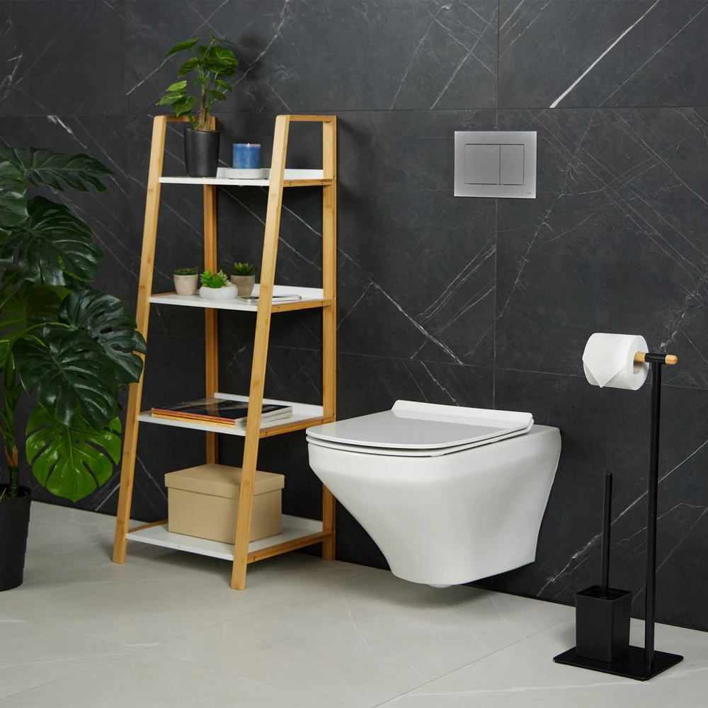 Relaxdays Juodas bambuko ir nerūdijančio plieno WC rinkinys