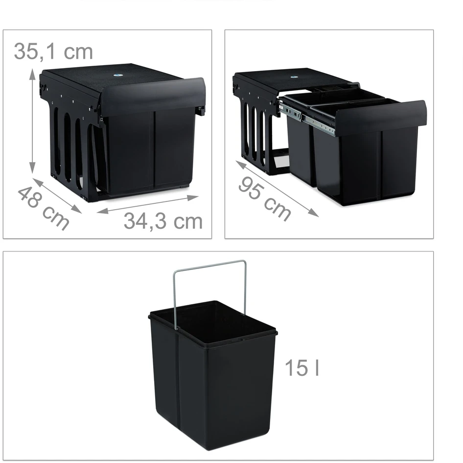 Relaxdays Juodas įmontuojamas atliekų rūšiavimo konteineris 2x15L