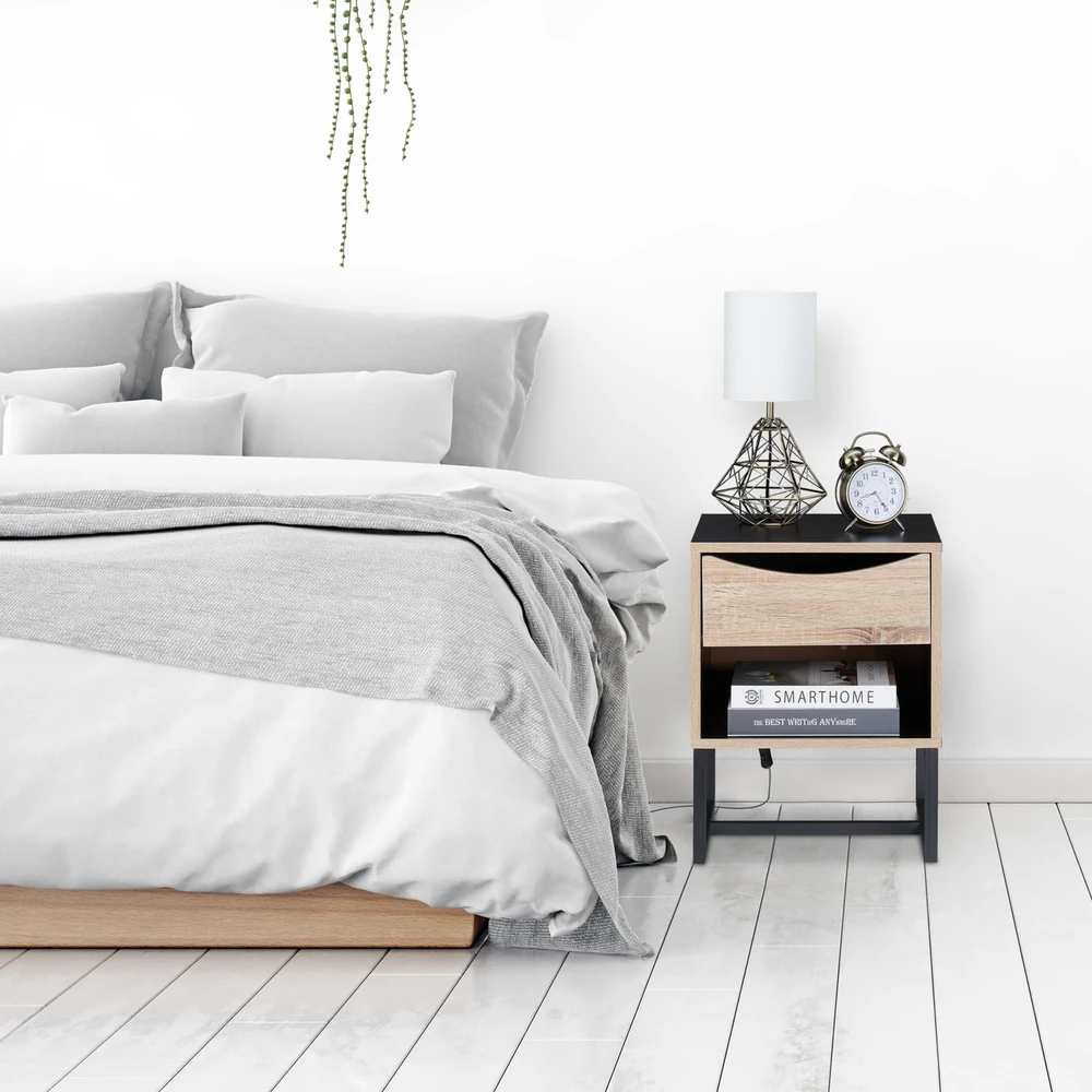Relaxdays Juodas medinis naktinis staliukas