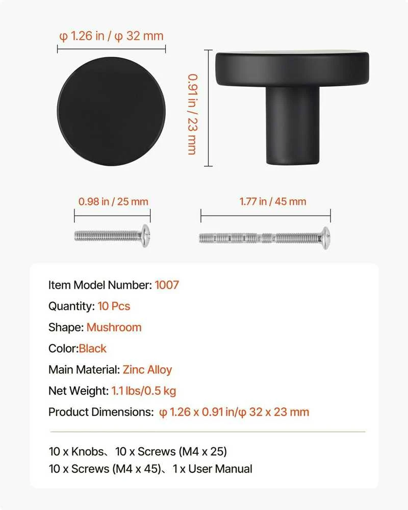 VEVOR juodi 32 mm spintelės rankenėlės 10 vnt.