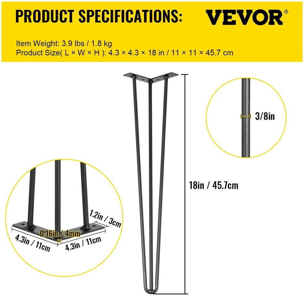 VEVOR Juodi plieniniai 18 cm plaukų segtukų stalo kojos
