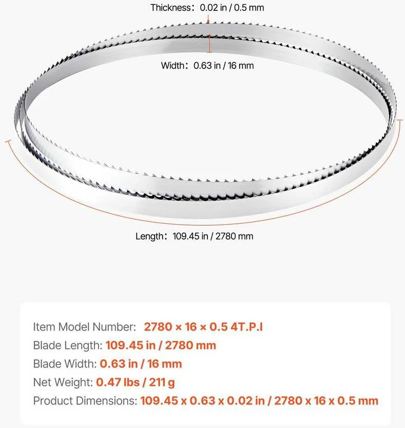VEVOR Juostinis pjūklas 2780 mm ilgio, 4 TPI