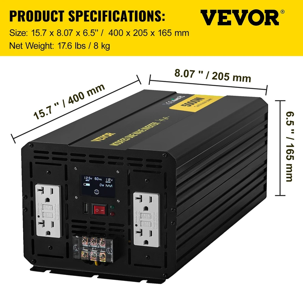 VEVOR Keitiklis 5000W 12V į 110V su LCD ekranu