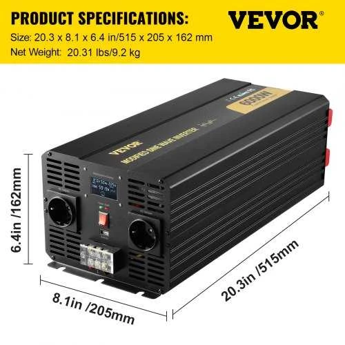 VEVOR Keitiklis 6000W 12V į 230V su LCD ekranu