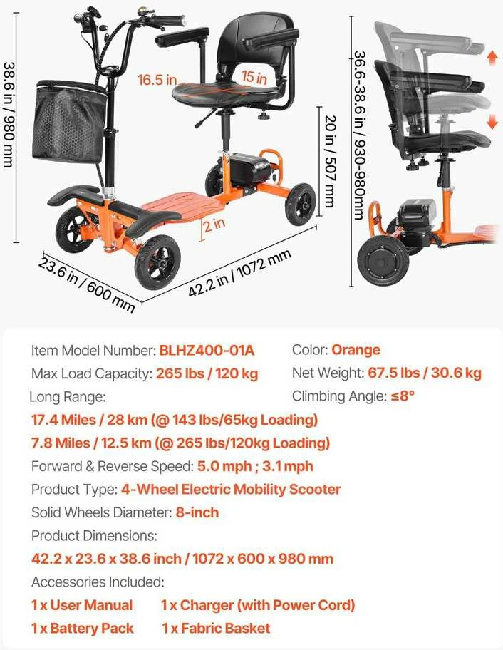 VEVOR Keturratis sulankstomas elektrinis motoroleris