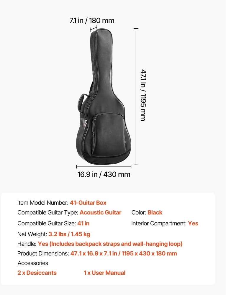 Kietas dėklas akustinei gitarai, 1195 mm