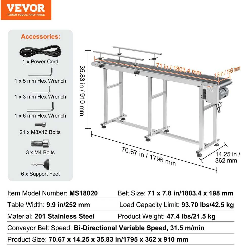 VEVOR Kombinuotas konvejeris 180 cm x 20 cm su motoru