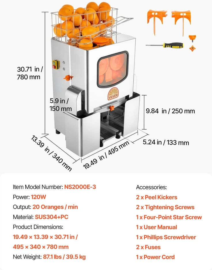 VEVOR Komercinė apelsinų sulčiaspaudė, 120W