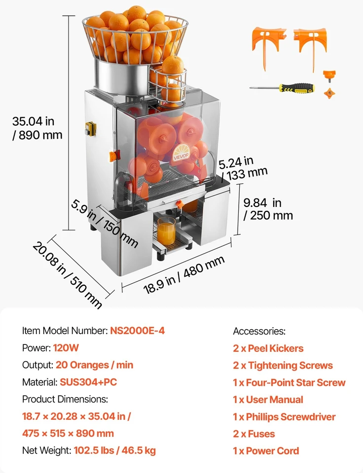 VEVOR Komercinė apelsinų sulčiaspaudė, 120W