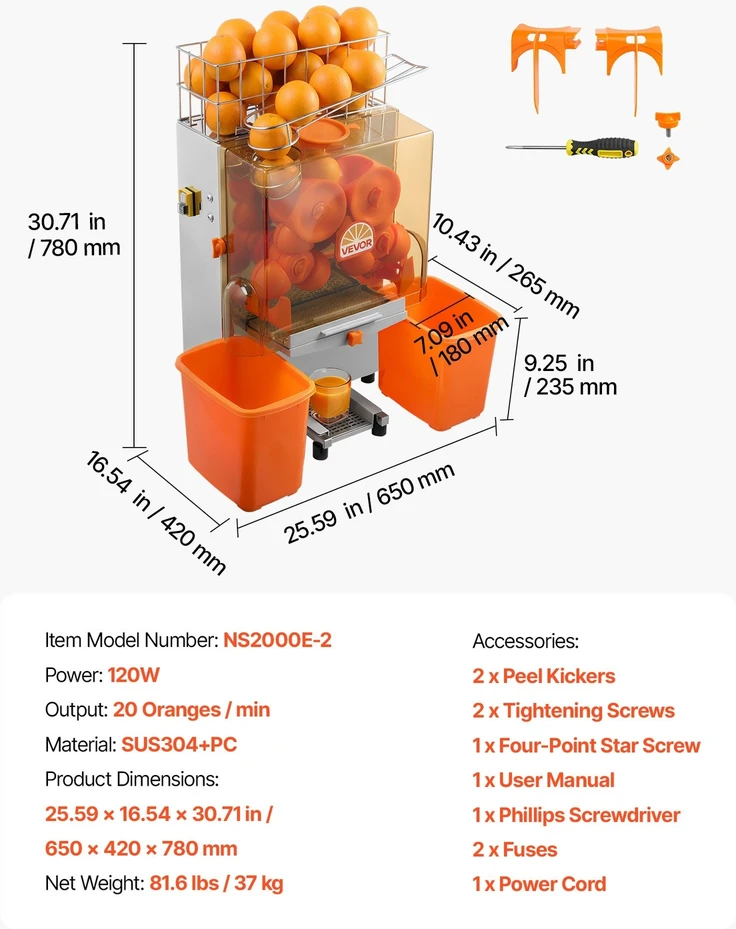 VEVOR Komercinė apelsinų sulčiaspaudė, 120W