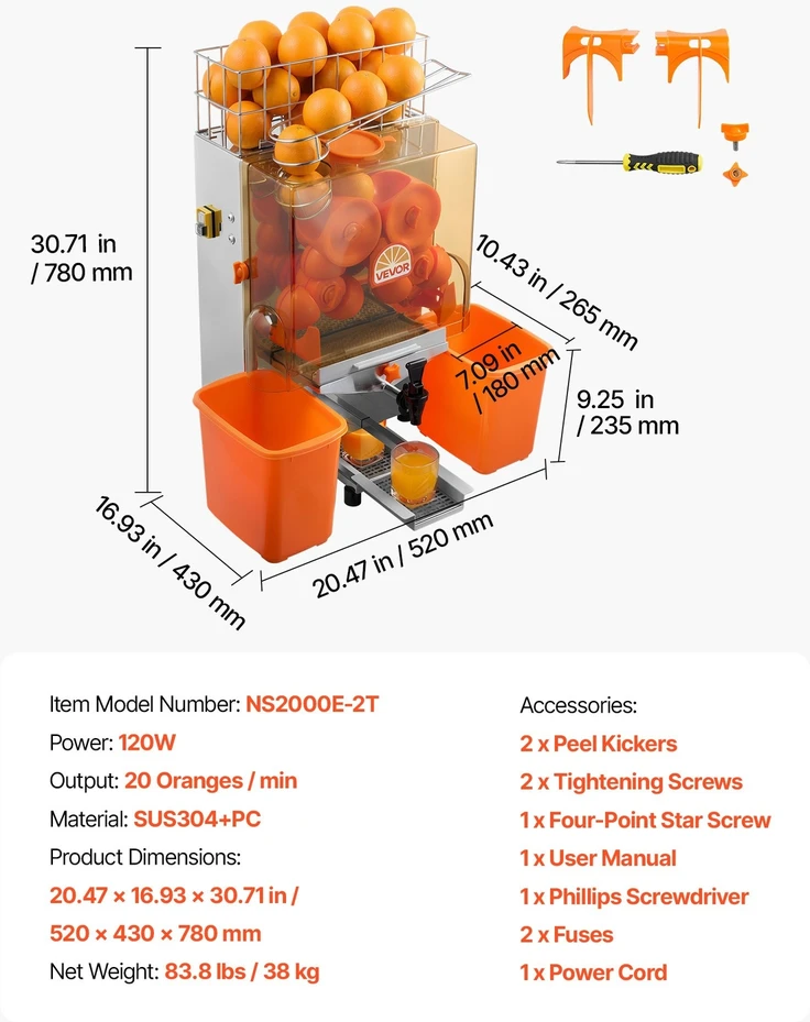 VEVOR Komercinė apelsinų sulčiaspaudė, 120W