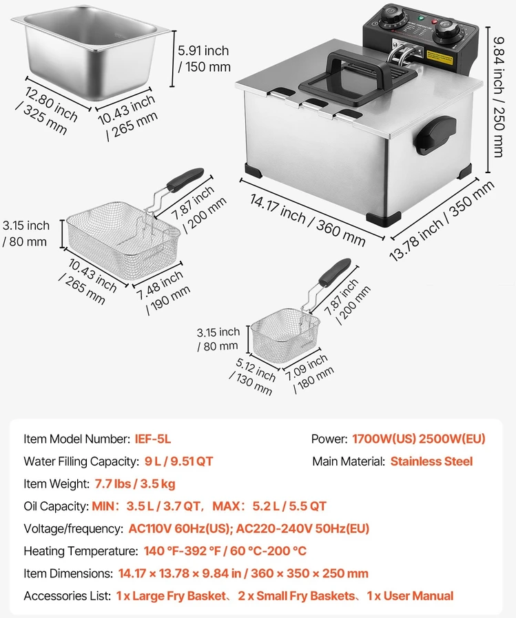 VEVOR Komercinė elektrinė gruzdintuvė 5,2 l