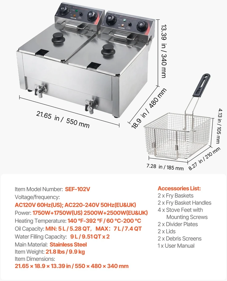VEVOR Komercinė elektrinė gruzdintuvė su dviem talpomis