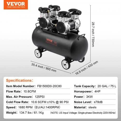 VEVOR Kompaktiškas nealyvuotas oro kompresorius 20 gal 90 PSI