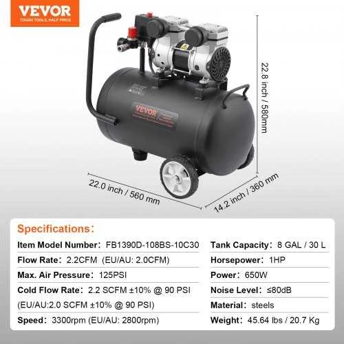 VEVOR Kompresorius be alyvos 8 galonų 90 PSI