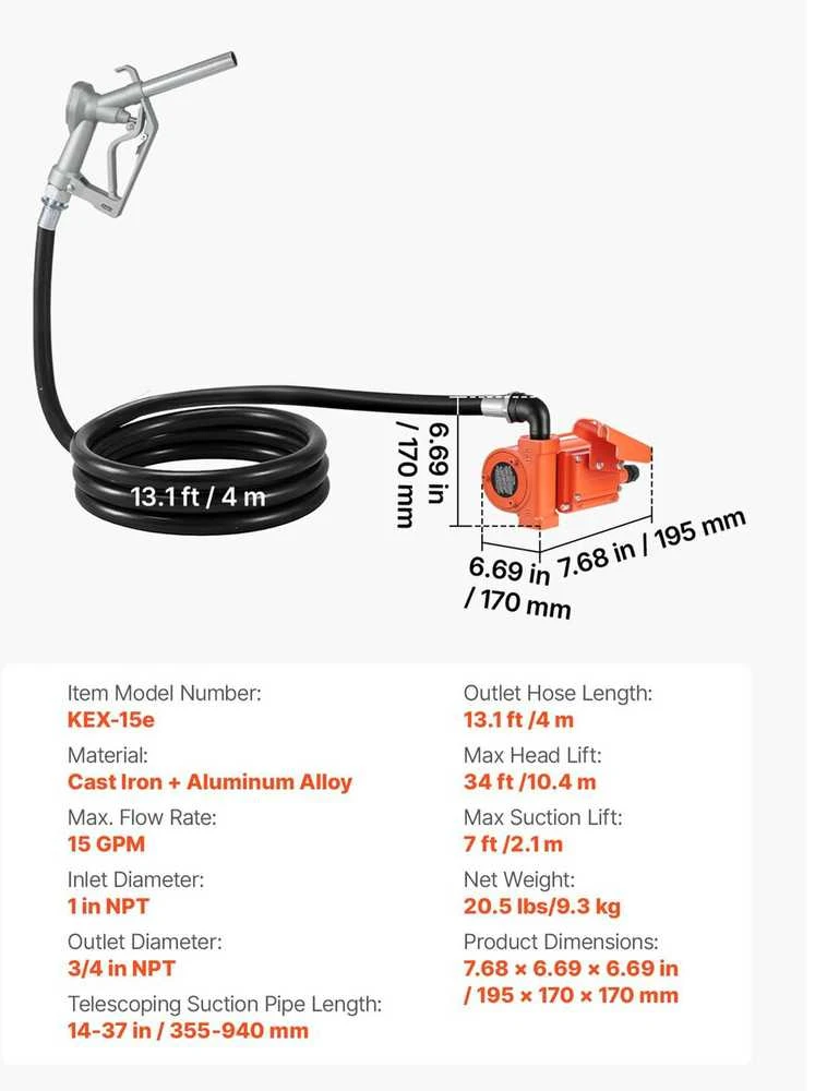 VEVOR Kuro perkėlimo siurblys, 12V, 57 l/m