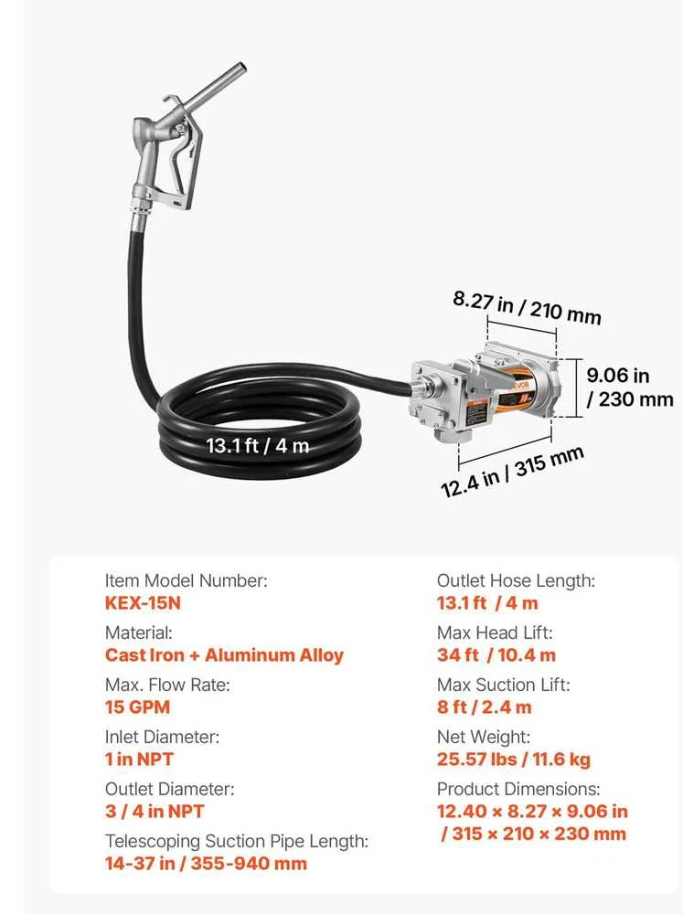 VEVOR Kuro perkėlimo siurblys 12V DC 57 L/min