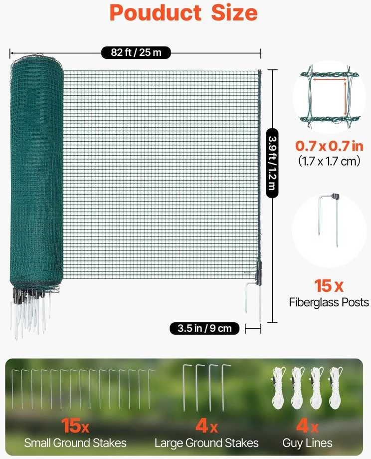 Vevor Laikina tvora su stulpais, 1.2 x 25 m plastikinis tinklas