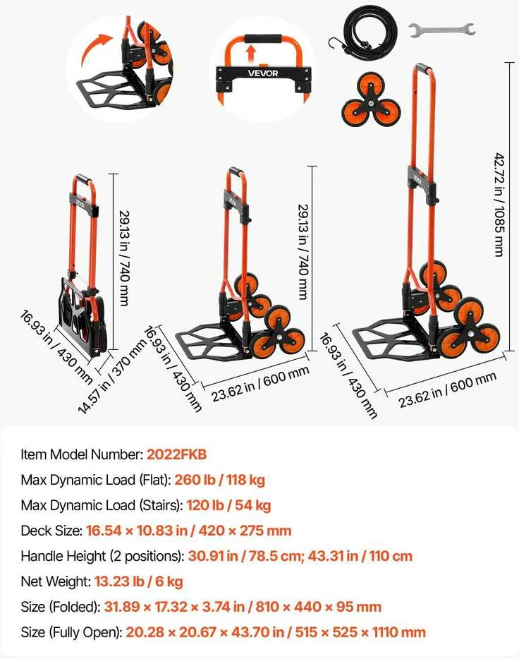 VEVOR Laiptinis vežimėlis su 6 ratais, 54 kg talpos